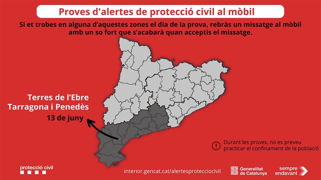 Aquest dimarts 13 de juny es provarà el sistema d’alertes a mòbils de Protecció Civil a Tarragona, Terres de l’Ebre i Penedès